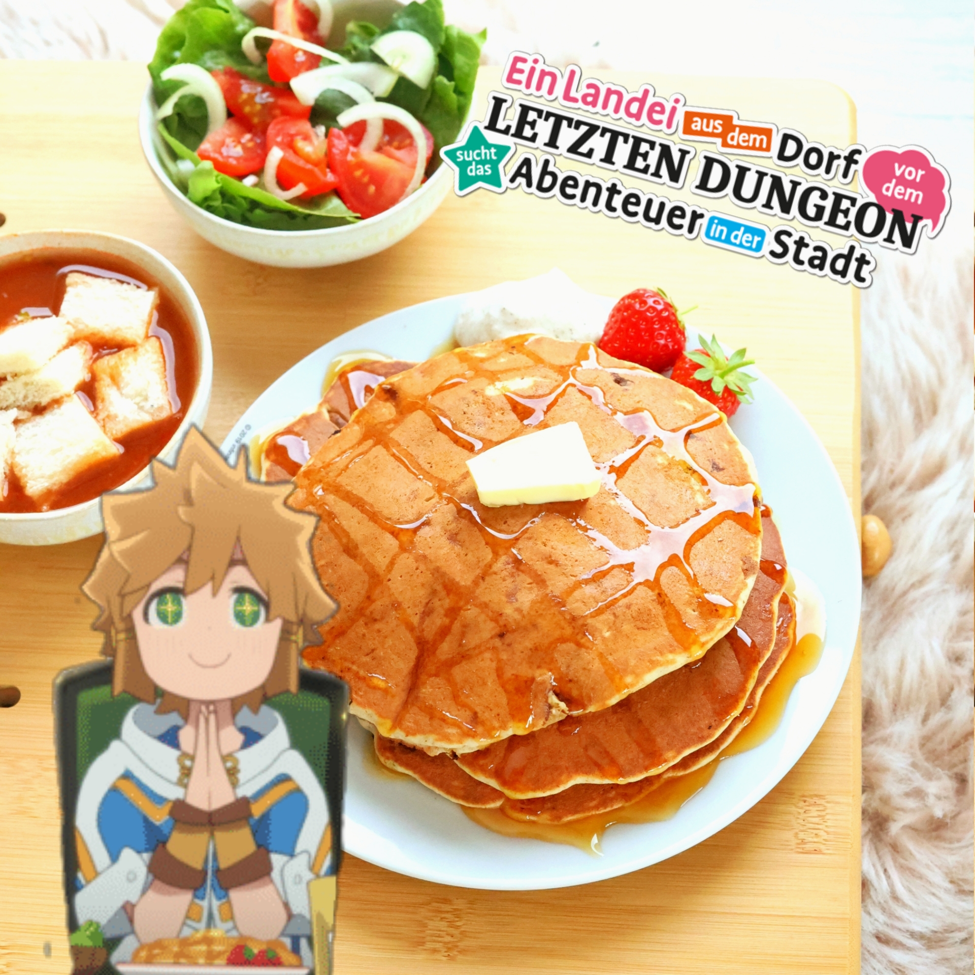 Anime-Rezept: Haselnuss-Karamell Pancakes mit Honig und Butter wie in Ein Landei aus dem Dorf vor dem letzten Dungeon sucht das Abenteuer in der Stadt